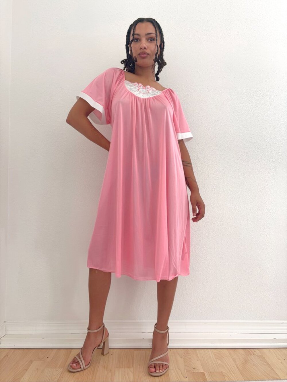 80s Cottagecore Nightgown (XL) large pink vintage midi nightie pajamas dress
